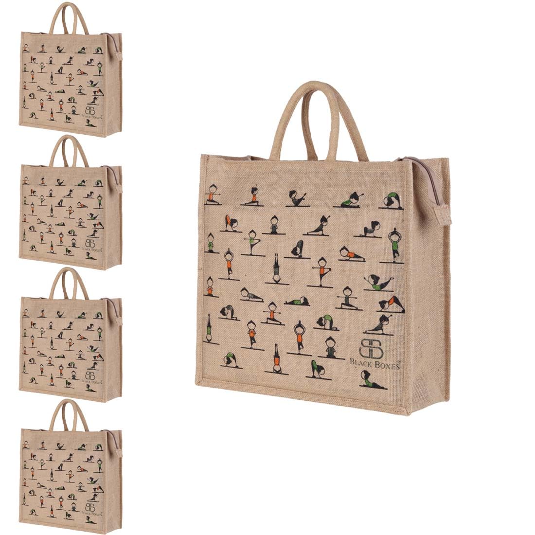 BLACKBOXES Big Eco Cotton Jute Shopping Bags for Carry Milk Grocery fruits Vegetable with Reinforced Handles Lunch Bag (Medium, Pack of 5)