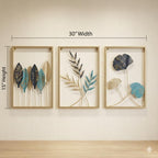 Mahira Artefacts Metal Leaf and Floral Wall Art Decor, Set of 3, Gold, Blue and Silver, Triptych Framed Sculptures for Living Room