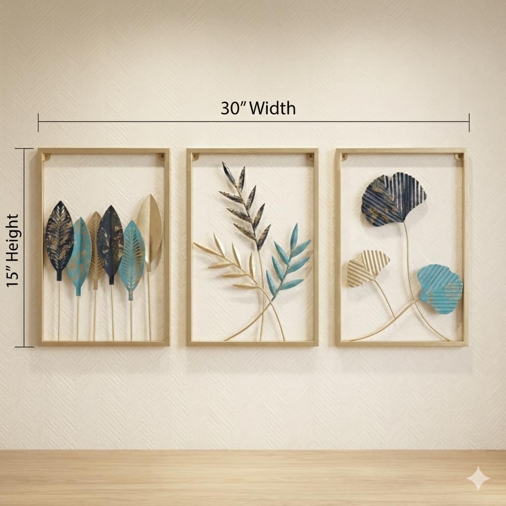 Mahira Artefacts Metal Leaf and Floral Wall Art Decor, Set of 3, Gold, Blue and Silver, Triptych Framed Sculptures for Living Room