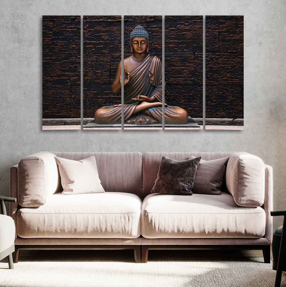 VIBECRAFTS Buddha Meditating Statue Set of Five Canvas Wall Painting For Home|Office|Living Room|Gift (PTVC5Pcs4_8680)