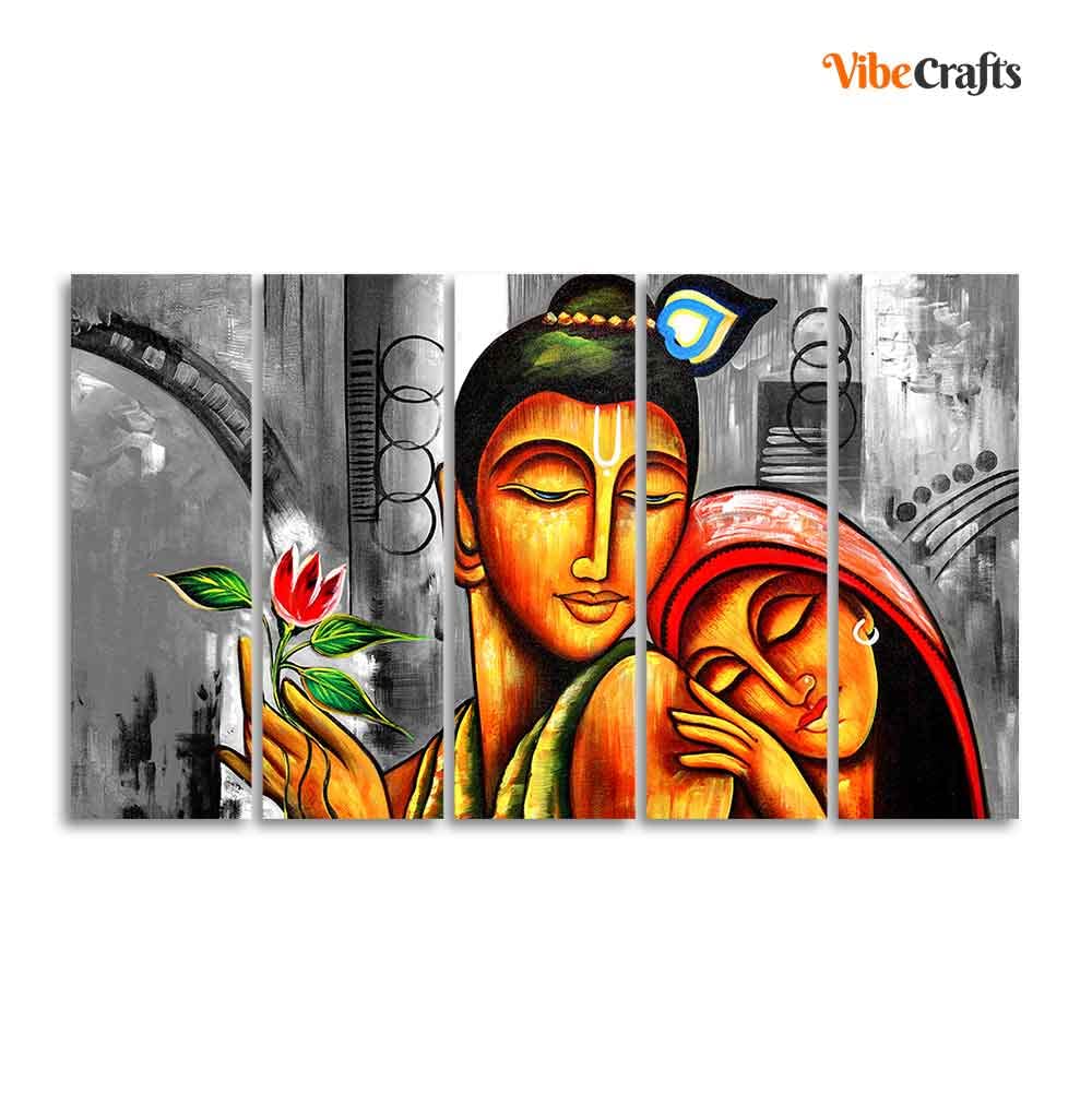 VIBECRAFTS Shree Radha Krishna 5 Pieces Canvas Wall Painting For Home | Office | Living Room | Gift (PTVC5Pcs4_8557)
