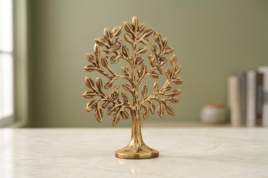KridayKraft Kalpavriksha Tree of Life Showpiece with Birds, 15 cm Golden Metal Kalpvriksh for Home Mandir, Vastu, Office Table, Housewarming & Diwali Gift