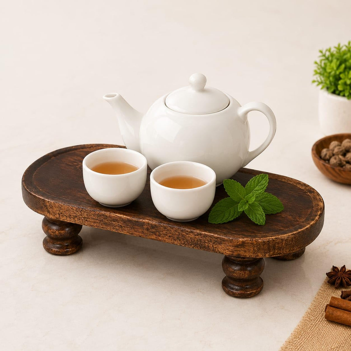 Wooden Footed Serving Tray with Raised Legs, Dark Brown