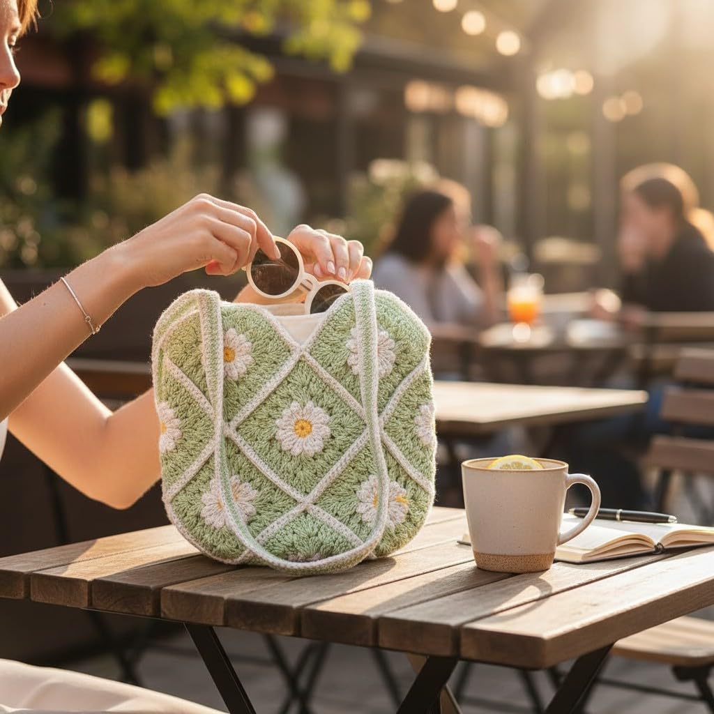 ATICUE Handcrafted Stylish Cotton Yarn Handknitted Crochet Bag with with Lining and Zipper Closure for Women (9x10 Inch) (Green)