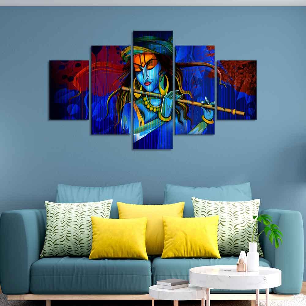 VIBECRAFTS Shree Kanha Playing Flute 5 Pieces Premium Wall Painting For Home|Office|Living Room|Gift (PTVC5Pcs1_5508)