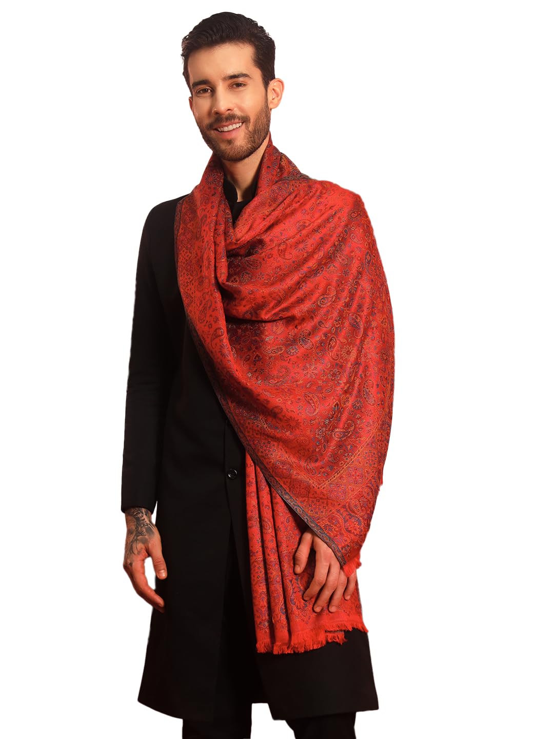 Pashmoda Men Chandni Kaani Stole, Authentic Kashmiri Luxury Pashmina Style Shawl, Stole, Small Size Gents Lohi, (Size 28x80 Inches,Maroon Color) MAVST07