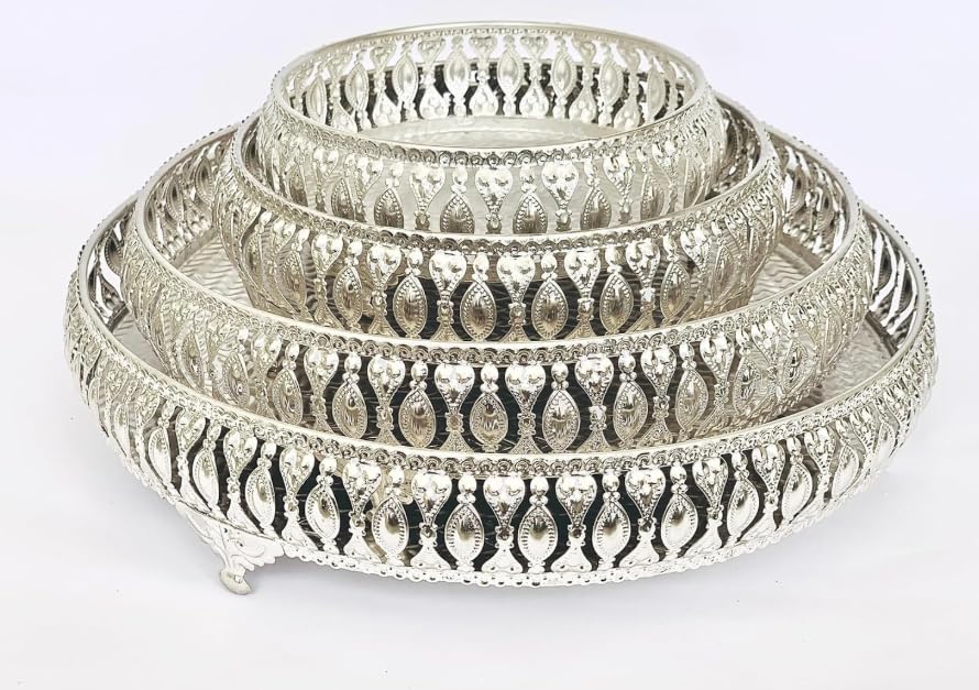 Decorative German Silver Tray Square Set of 4 Sets Designer Set Trays I Gifting Trays Set [Display for Home Wedding and Festive Decor Size 10 inch 8 inch 6 inch 4 inch