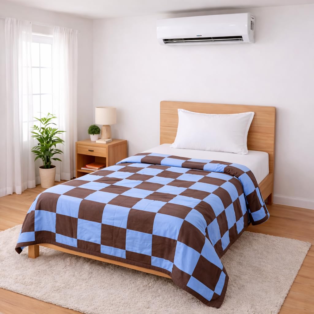 Bhoomi Impex Single Bed Dohar Blue Brown Checkered | Lightweight Summer Quilt | Cotton AC Blanket | Breathable All Season Comforter | Skin Friendly Bed Cover Kafalo