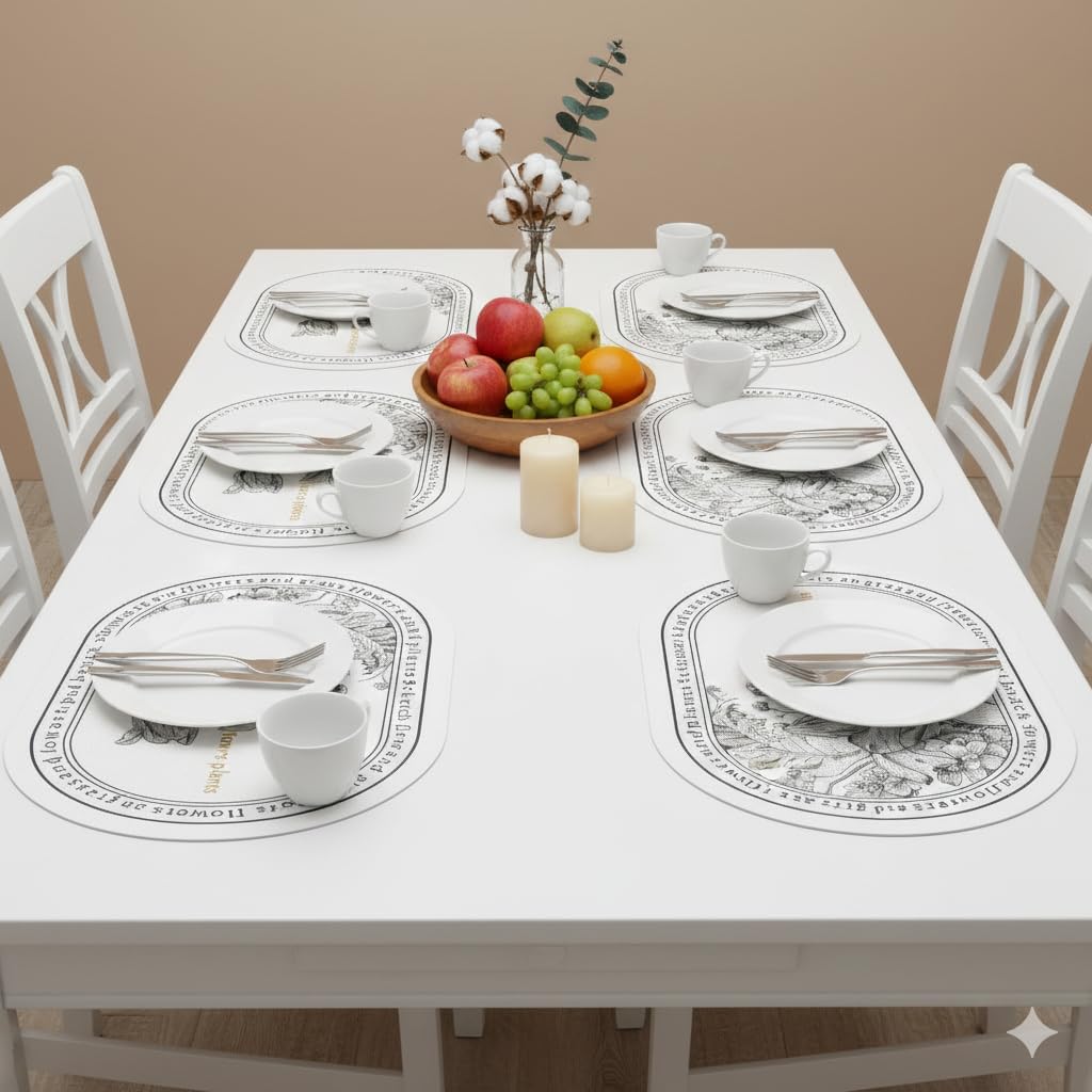 Yelona White Oval Leather Placemats | Vintage Floral Design, Waterproof, Stain Resistant | Stylish Leather Dining Table Mats (Tulip Charm, Pack of 6) Kafalo
