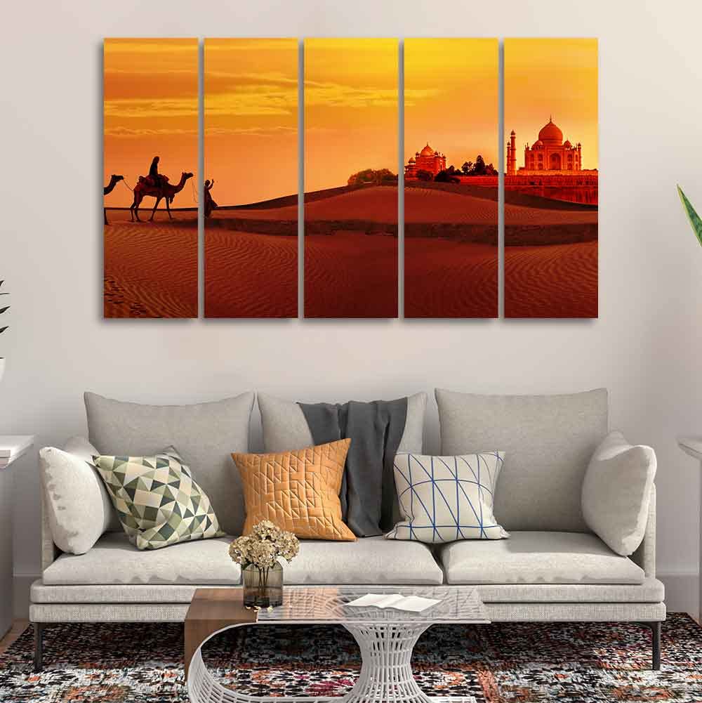 VIBECRAFTS Beautiful Five Pieces Wall Painting of Camel Caravan Heading to Taj Mahal For Home|Office|Living Room|Gift (PTVC5Pcs4_8654)