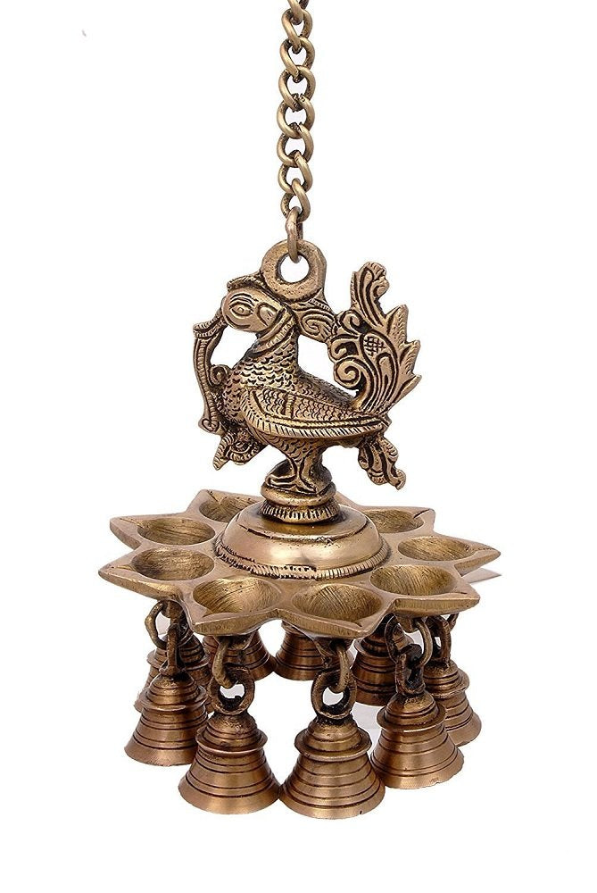 Artvarko Brass Peacock Deepam Deepak Diya Bell with Chain Wall Hanging for Home Decor Mandir Temple Puja Height 14 Inch Weight 1.1 Kg