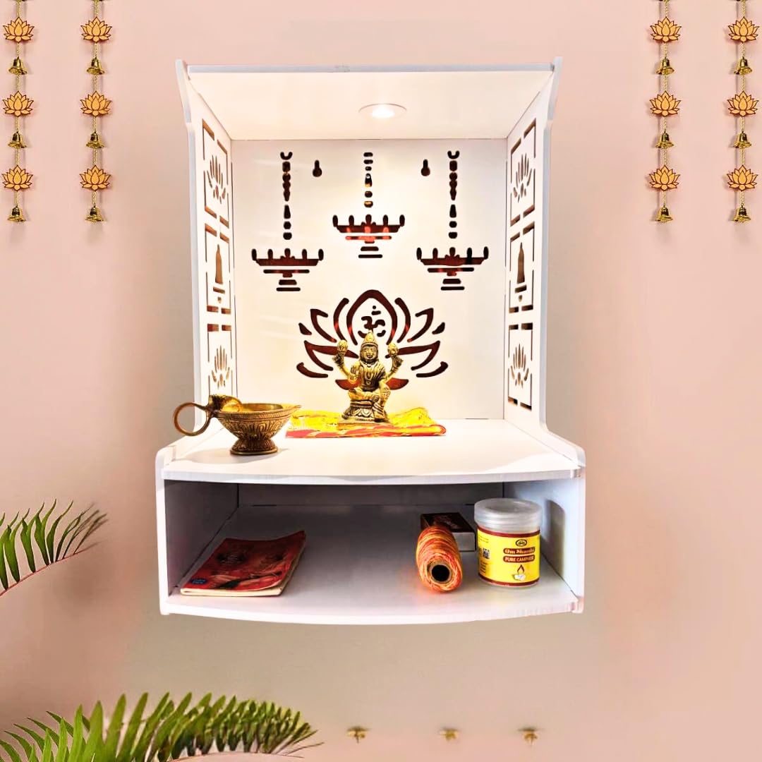 Homscape Modern Wooden Wall Mounted Temple for Home, Office, Living Room | White Pooja Mandir with LED Light & Storage Shelf | Small Wooden Temple 15.8 Height | Home Temple Decor with Storage Cabinet