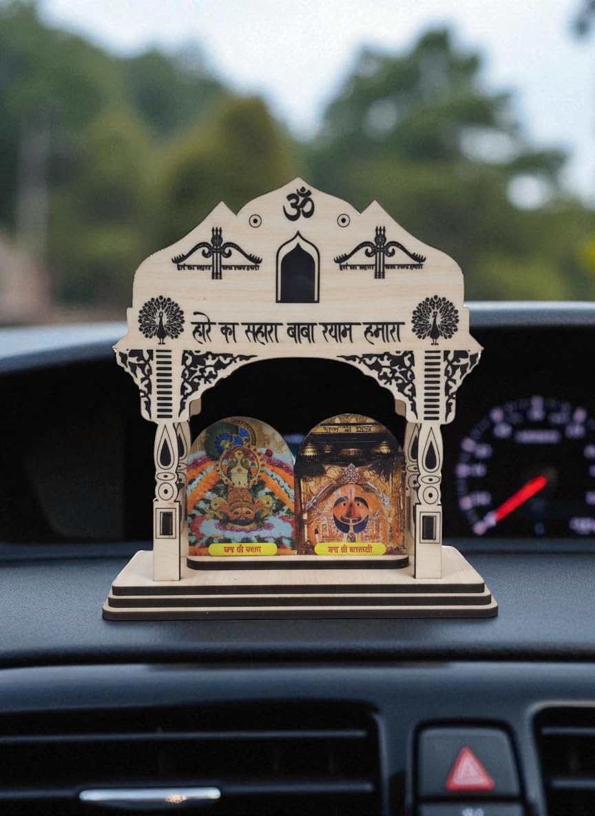 SHRI KHATU SHYAM CREATION Wooden Mini Temple for Car Dashboard with Om Symbol | Decorative Hindu Shrine with Khatu Shyam Ji & Salasar Balaji Images | Compact Traditional Mandir for Home, Office & Car