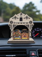 SHRI KHATU SHYAM CREATION Wooden Mini Temple for Car Dashboard with Om Symbol | Decorative Hindu Shrine with Khatu Shyam Ji & Salasar Balaji Images | Compact Traditional Mandir for Home, Office & Car