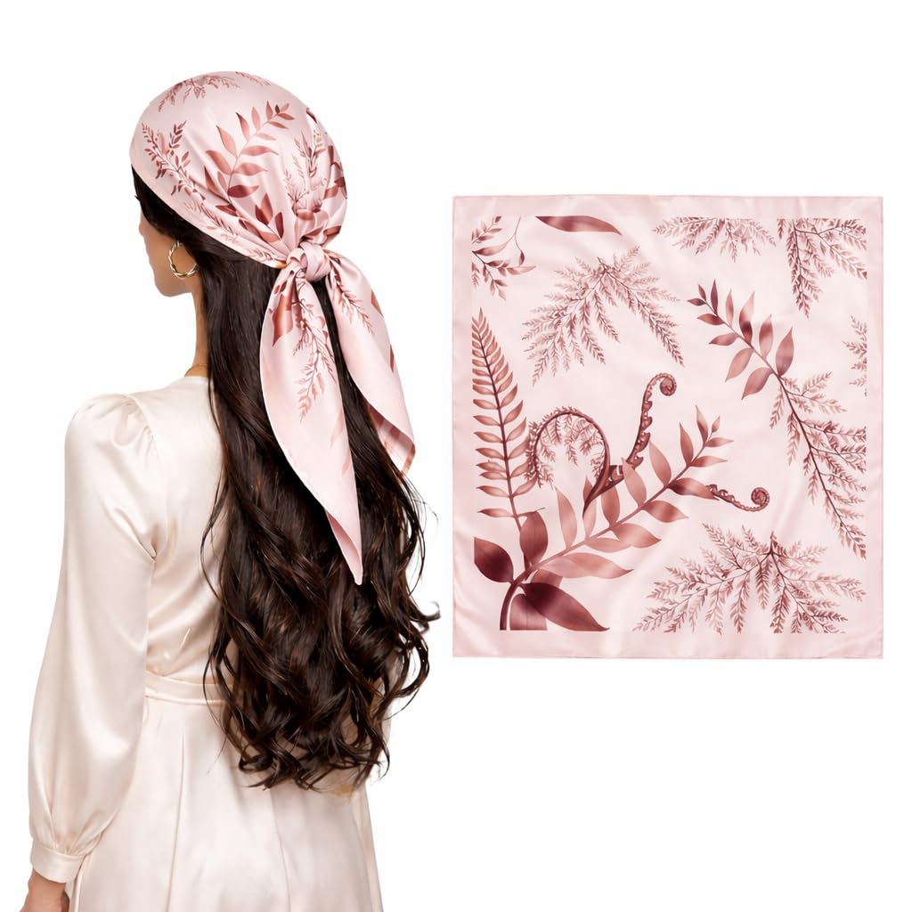 AMN Trendzz Satin Silk Scarf for Women, Stylish Satin Scarf 65×65 cm Square, Scarf for Women Elegant Head and Neck Accessory for Fashion, Travel and Gifting. (Botanical Fern – Pink & Brown)