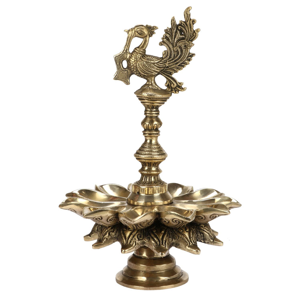 Artvarko 1 Feet Large Brass Peacock Design Multi Oil Wick Diya Lamp Pooja Articles Home Decor Item Showpieces House Warming Wedding Decoration Diwali Pital Dipak Deepam