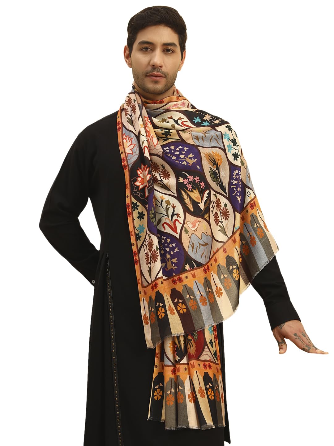 Pashmoda Men Floral Sonata Royal Fine Soft Bamboo Fibre Stole, Multicoloured Design, Evening Wrap, Luxury Pashmina Style Scarf, Wrap, Sustainable and Natural Fabric (Size 28x80, Olive colour) MISST32