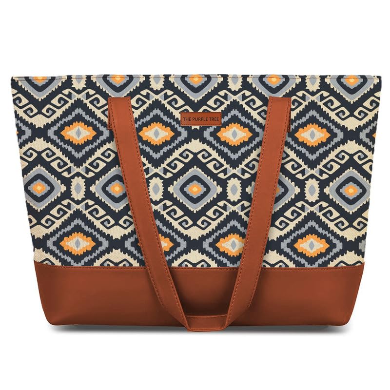 Purple Tree Handcrafted Women's Tote with Vegan Leather Handles, Ikat Print Shoulder Bag for Office and College, Oversized Bag (Pack of 1)