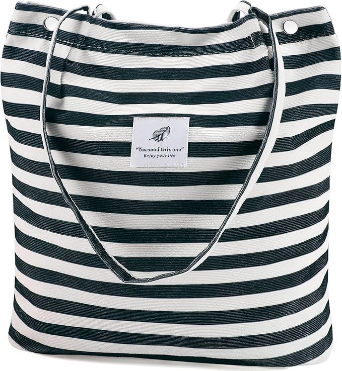 BROGBUS Casual Design Shoulder Handheld Tote Handbag for Women, Girls Canvas Jhola Bag for College Office Use (Black White Strip)