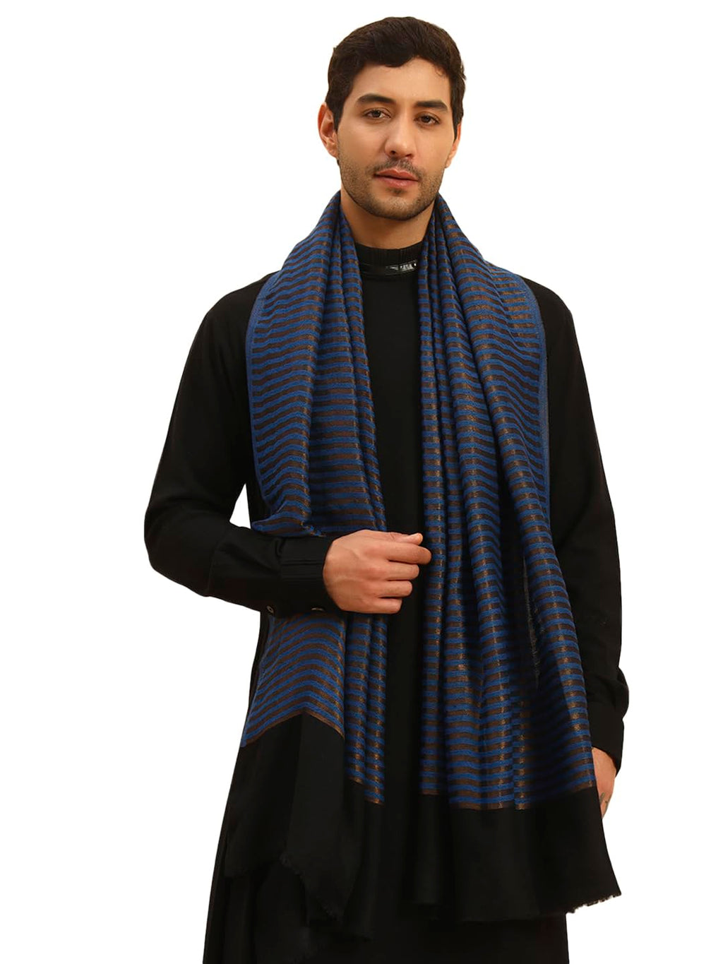 Pashmoda Men Golden Eclipse Reversible Zari Moonlight Fine Wool Stole (Size-28x80in, 71x203cm) MZSST03