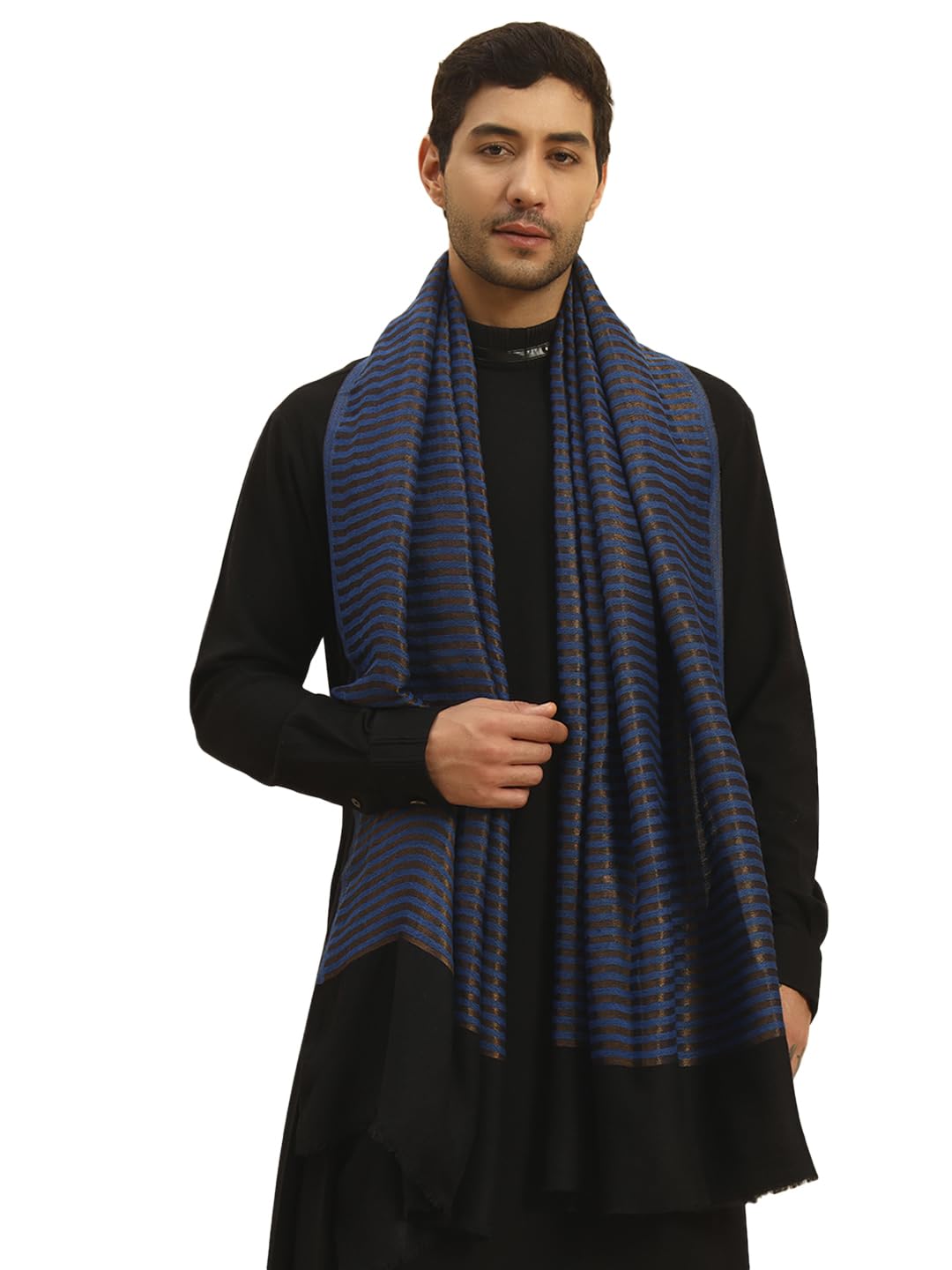 Pashmoda Men Golden Eclipse Reversible Zari Moonlight Fine Wool Stole (Size-28x80in, 71x203cm) MZSST03