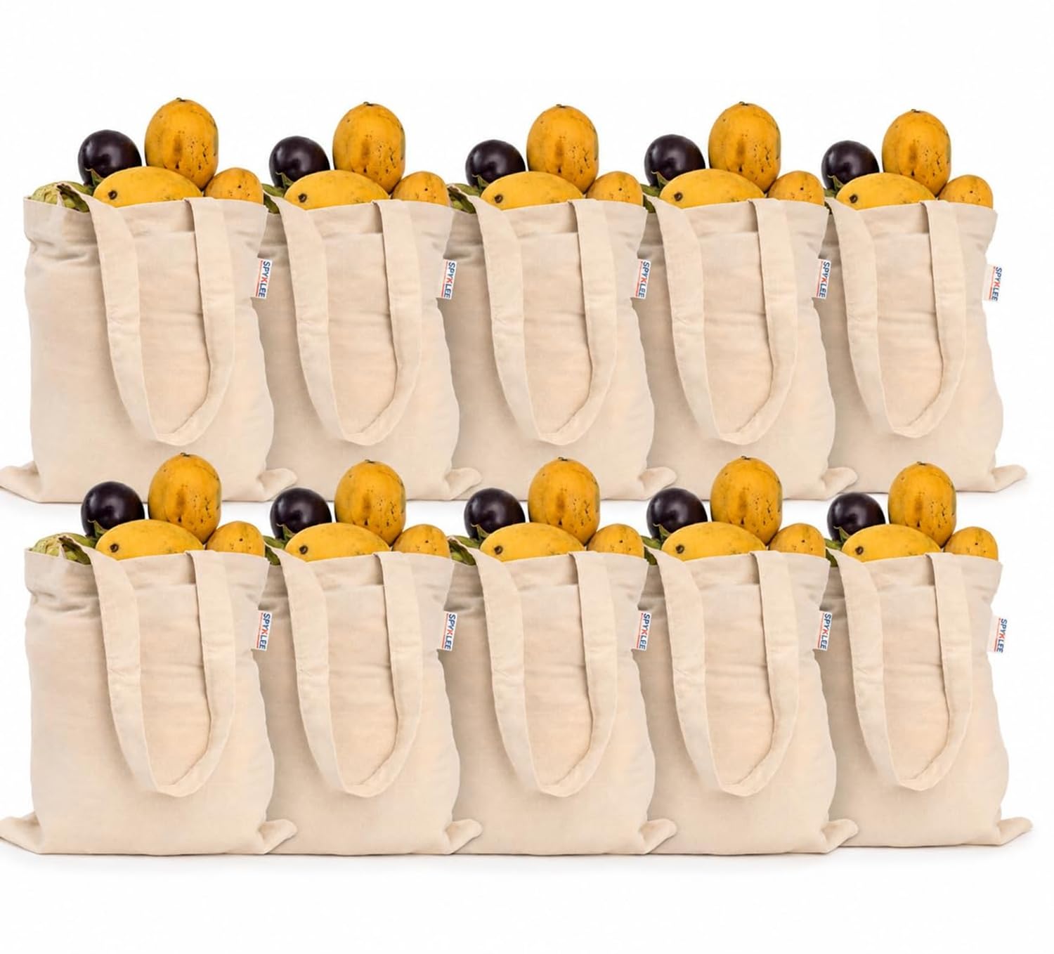 SPYKLEE Cotton Canvas Tote Bag | Durable Reusable Eco-Friendly Shopping Bag with Long Handles | Washable Multipurpose Grocery, Lunch, Office, College, Travel & Everyday Carry Bag (10Pcs, 12x14 Inch)