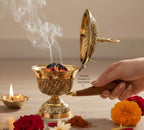 DSH CRAFTING YOUR CURIOSITY Brass Dhuna Loban Burner with Wooden Handle Dhoop Dani Dhooni Decorative Insence Burner Holder and Gift Items (LBN-17-MOONstar)