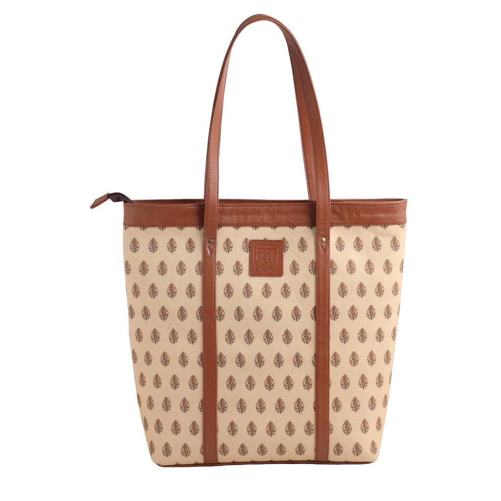 KALOOM Women’s Tote Bag with Zip Closure | Cotton Canvas & Vegan Leather Shoulder Bag | Spacious Printed Handbag with Outer Pocket for Office, Travel & Everyday Use (Beige)