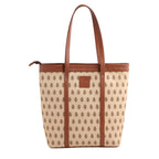 KALOOM Women’s Tote Bag with Zip Closure | Cotton Canvas & Vegan Leather Shoulder Bag | Spacious Printed Handbag with Outer Pocket for Office, Travel & Everyday Use (Beige)