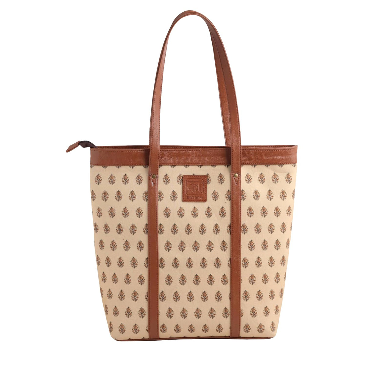 KALOOM Women’s Tote Bag with Zip Closure | Cotton Canvas & Vegan Leather Shoulder Bag | Spacious Printed Handbag with Outer Pocket for Office, Travel & Everyday Use (Beige)