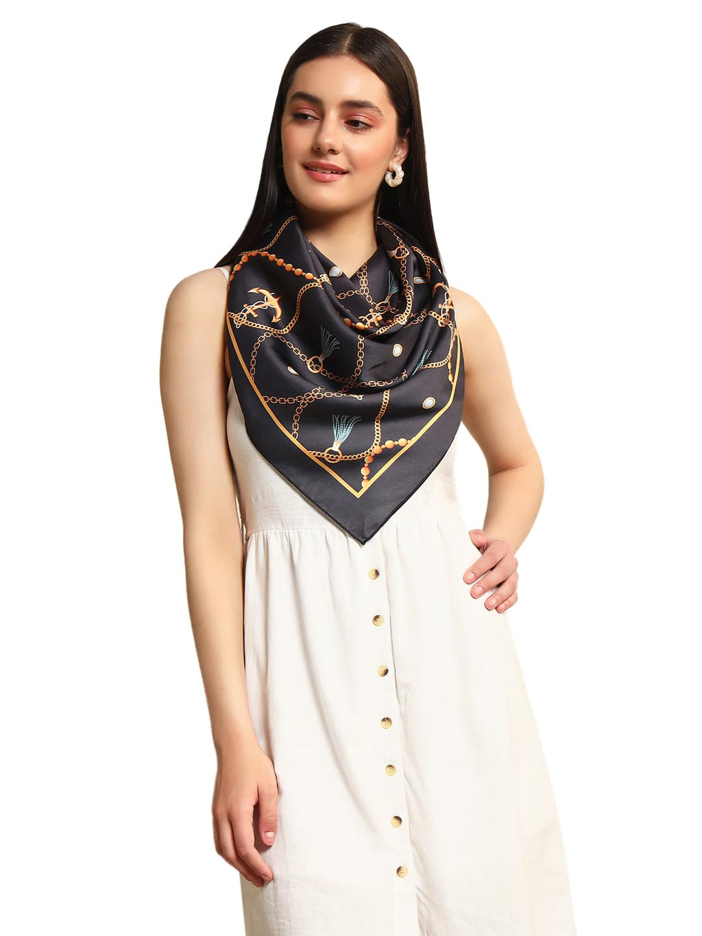 Ravaiyaa - Attitude is everything Women's Crepe Silk Digital Print Large Square Scarf Breathable Lightweight Neckerchief Printed Headscarf 40 x 40 Inch (Black Anchor)