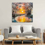 VIBECRAFTS Homcraft Beautiful Sunset At River 3 Pieces Canvas Wall Painting Fitted With Wooden Frame For Home | Office | Living Room | Gifts (PTVC3Pcs1_9522)