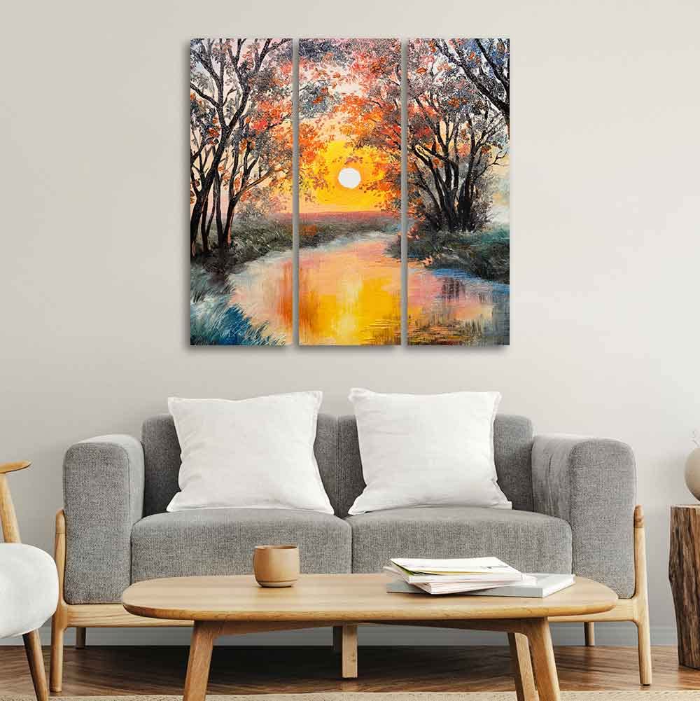 VIBECRAFTS Homcraft Beautiful Sunset At River 3 Pieces Canvas Wall Painting Fitted With Wooden Frame For Home | Office | Living Room | Gifts (PTVC3Pcs1_9522)