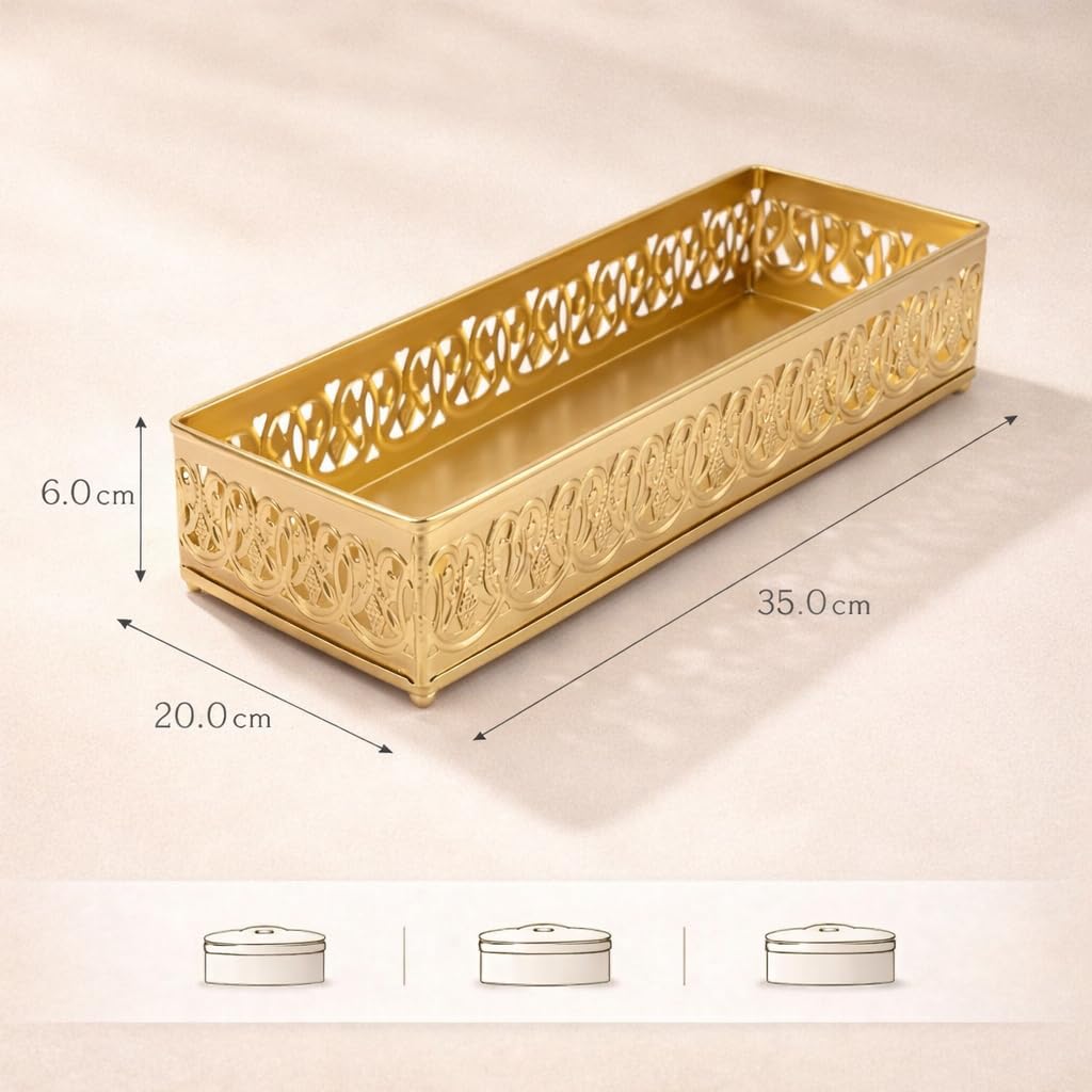ROYAL RIWAAZ Gold Metal Vanity Organizer Tray – Rectangular Filigree Design Decorative Storage Tray for Dressing Table, Bathroom Counter & Home Decor
