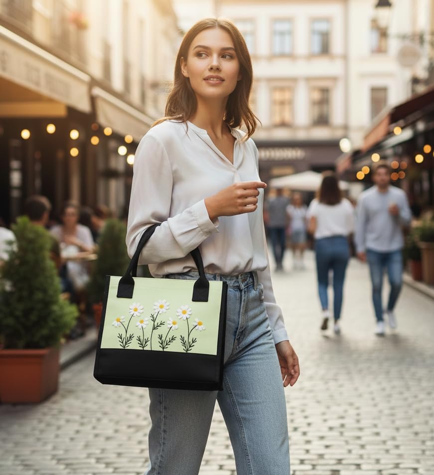 ECOCARRY Cotton Tote Bag For Woman Stylish | Embroidered Canvas Hand Bag With Floral Design | Latest Casual Shoulder Bag Zipper For College Girls, Office, Daily Use, Travel, Beach, Shopping (Green)