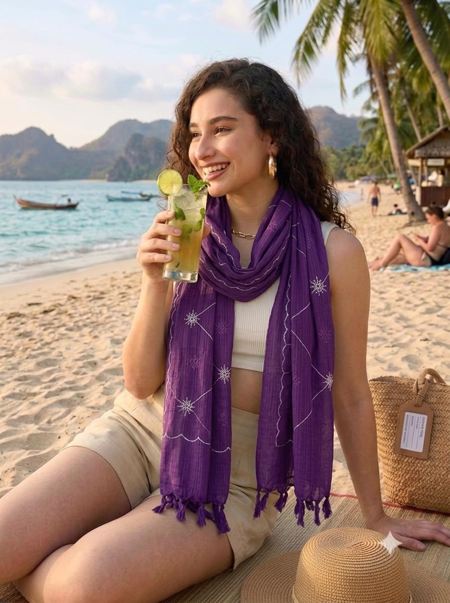 Pure Cotton Scarf for Women, Purple, Embroidered Design flower Motifs, Lightweight Summer Wrap