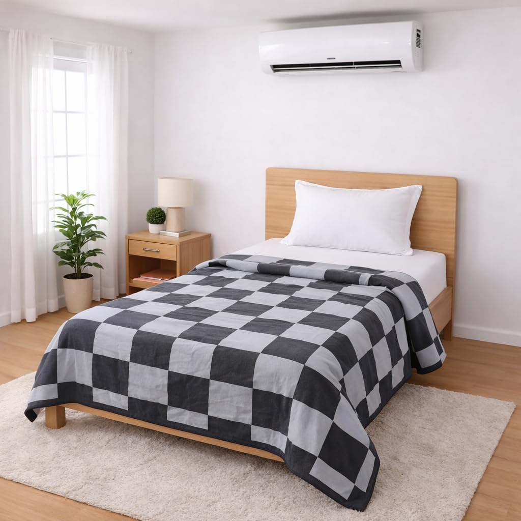 Bhoomi Impex Single Bed Dohar Modern Grey Check | Lightweight Summer Quilt | Soft Microfiber AC Blanket | Breathable All Season Comforter | Skin Friendly Bed Cover Kafalo
