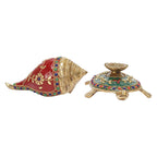 ARTVARKO Brass Shankh with Stand Tortoise Conch Holder Multicolor for Home Office Temple Mandir Pooja Puja Room Brings Prosperity 8 Inch