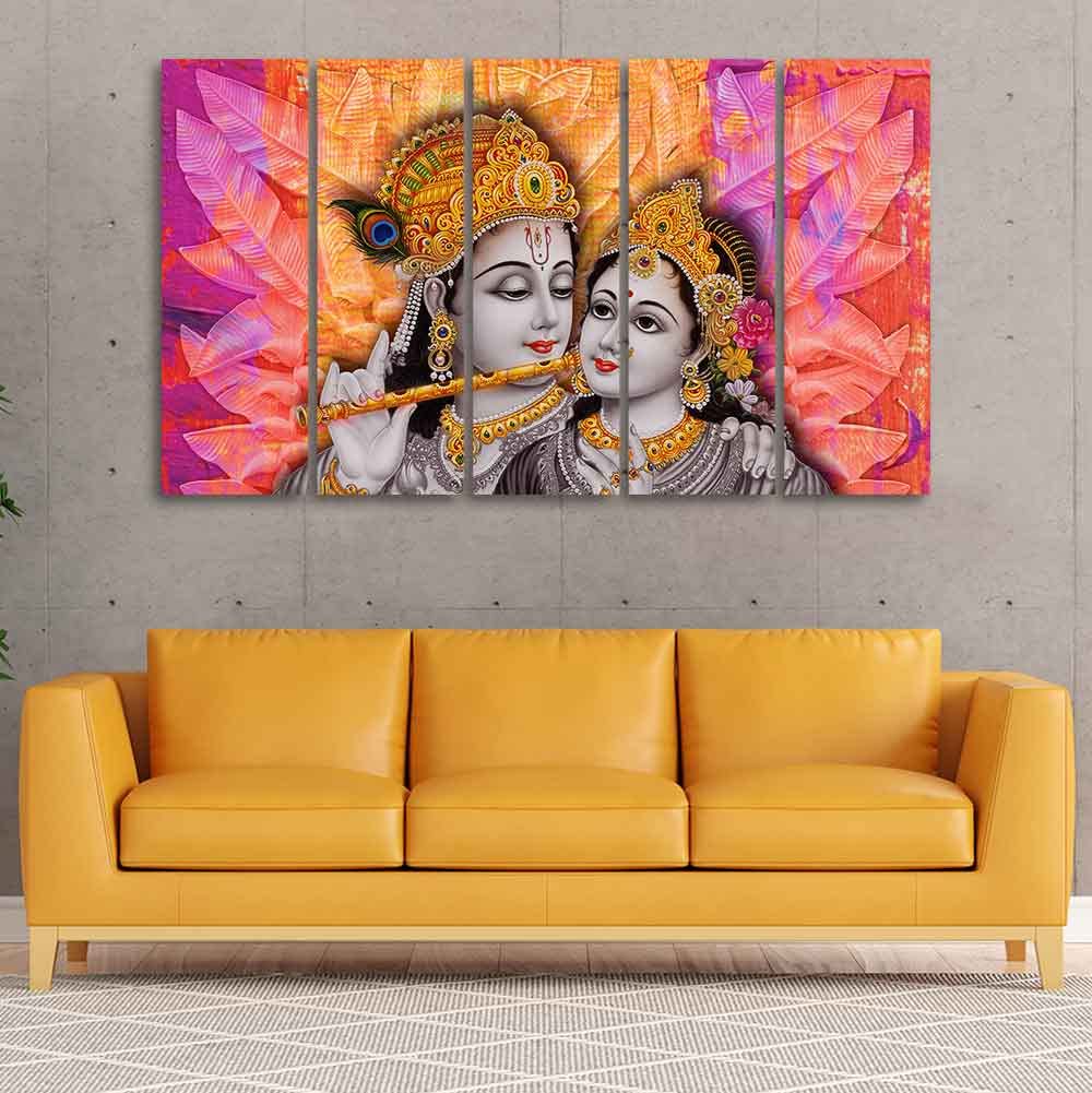 VIBECRAFTS Colorful Wall Painting of Radha Krishna Set of Five Pieces For Home|Office|Living Room|Gift (PTVC5Pcs4_8676)