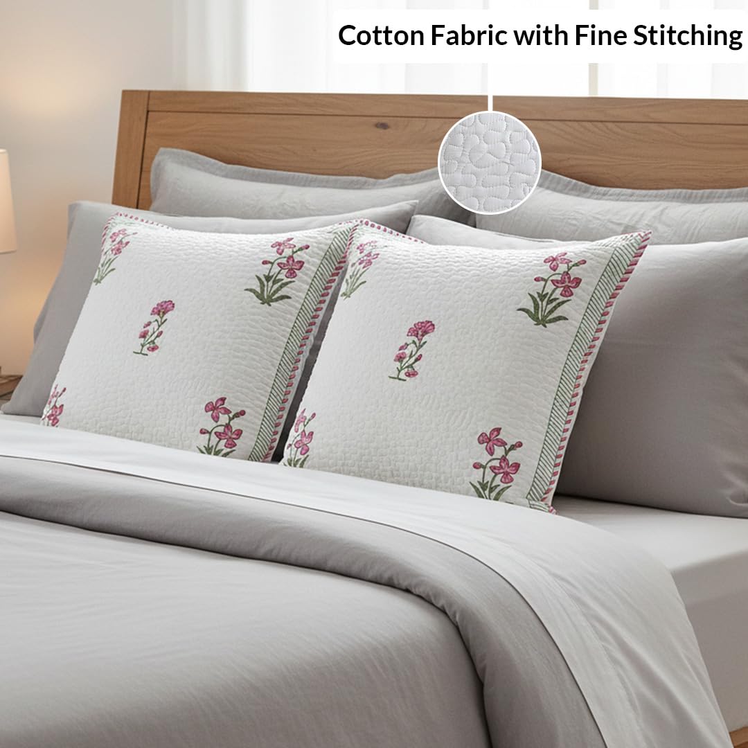 HOMEMONDE Quilted Cotton Cushion Covers – Pack of 5, 24x24 Inches, 300 TC Soft Throw Pillow Cases with Hand Block Print – Pink (60x60 cm)