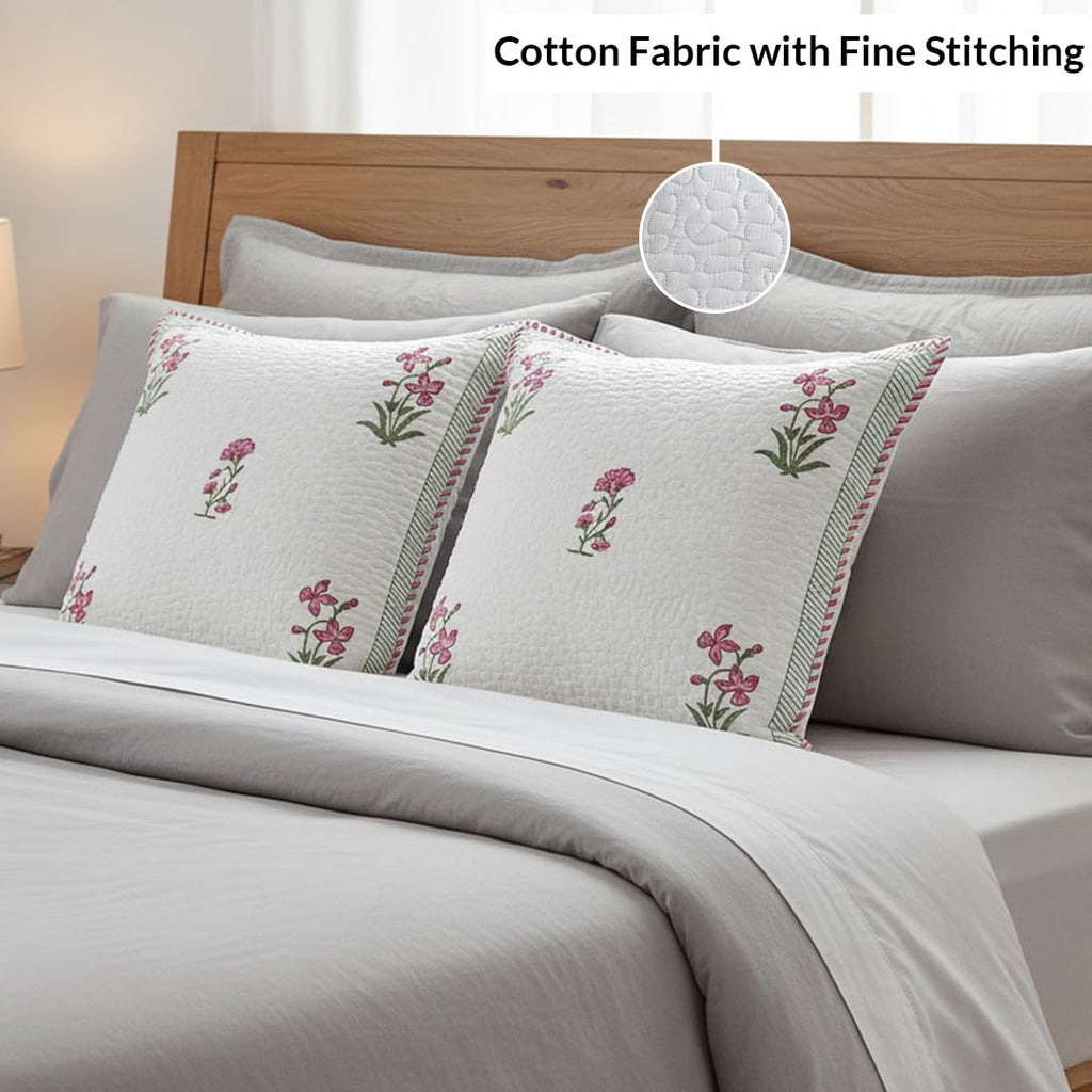 HOMEMONDE Pack Of 2 Floral Hand Block Print Soft Throw Cushion Cover - Pink 24 X 24 Inches Quilted Cotton Sofa Pillow Case For Home Decor, 300 TC