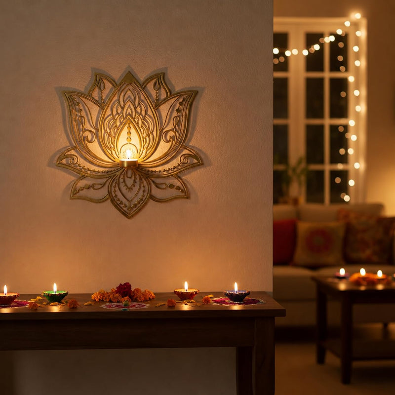 ALCU Wall Hanging Lotus Candle Stand – Elegant Metal Lotus Design for Tealight & Votive Candles | Stunning Home Décor Accent for Living Rooms, Bedrooms, and Meditation Spaces