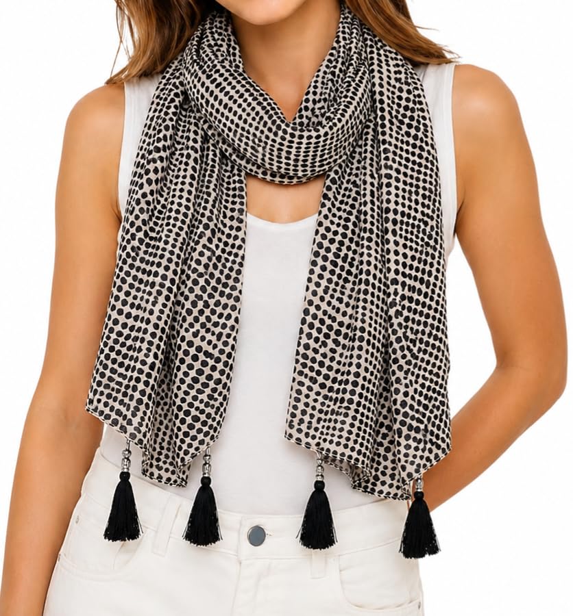 Women's Printed cotton Scarf with Tassels, Lightweight Boho Stole, 180x50 cm, All Seasons (Black and white)