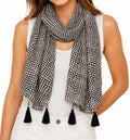 Women's Printed cotton Scarf with Tassels, Lightweight Boho Stole, 180x50 cm, All Seasons (Black and white)