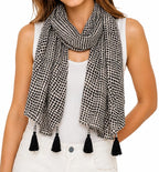 Women's Printed cotton Scarf with Tassels, Lightweight Boho Stole, 180x50 cm, All Seasons (Black and white)