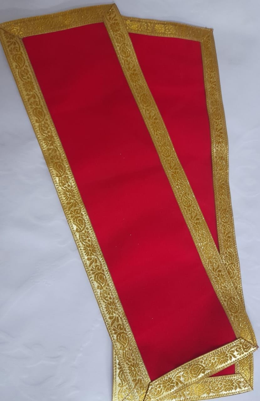 Velvet Red Pooja Cloth (10 x 30 cm ) with Golden Border I Pooja Aasan for Mandir, Temple Altar Cloth Multipurpose Red Yellow Velvet Aasan for Puja Cloth Mat (Pack of 4)