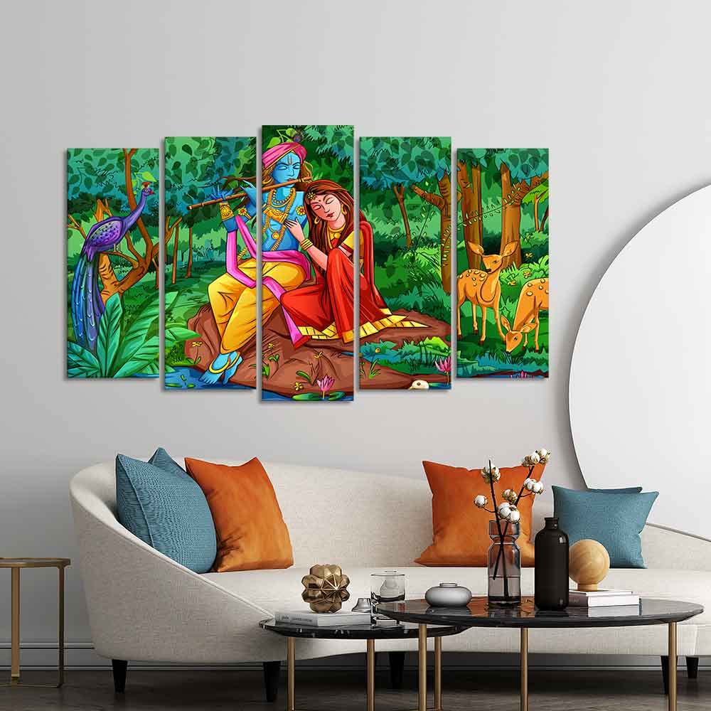 VIBECRAFTS Radha Krishna in Forest Wall Painting of Five Pieces For Home|Office|Living Room|Gift (PTVC5Pcs2_6540)