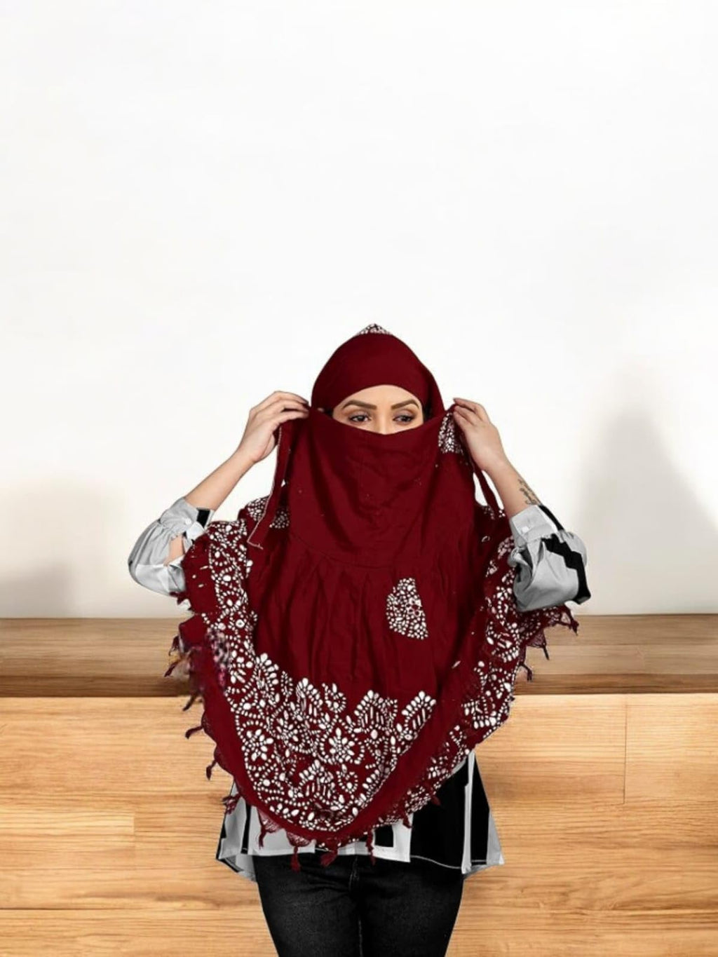 HETVIN Cotton Long Scarf Cum Mask Scarves Usable for Vehicle Driver | White Printed Design Fabric | Universal Size | Soft & Breathable Sun Protection | For Girl & Women (Wax Batik - Maroon)