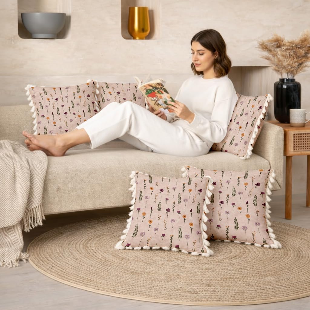 STITCHNEST 'Little Meadow Series' Tassled Cushion Cover | Set of 2 | Floral Cushion Cover 24 inch x 24 inch