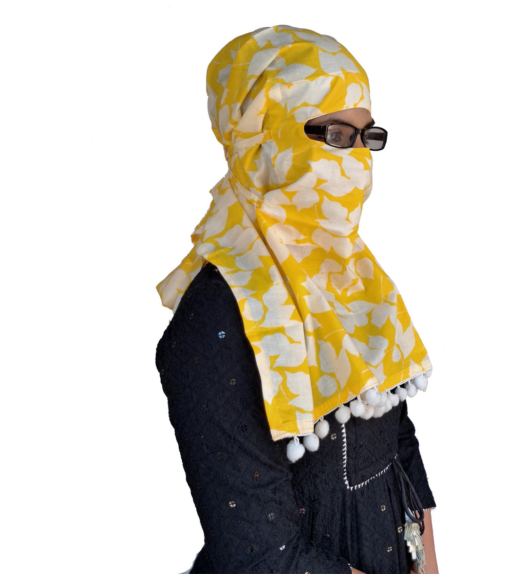 Switchon Pure Cotton Innovative scarf Hijab for Women with closer 3 inch Hook and Loop Tape for size adjustment for 12 yrs and above (Yellow_White)